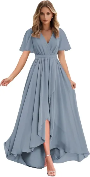 Women's Chiffon High Low Bridesmaid Dresses Ruffle Sleeve V Neck A Line Formal Evening Party Gowns