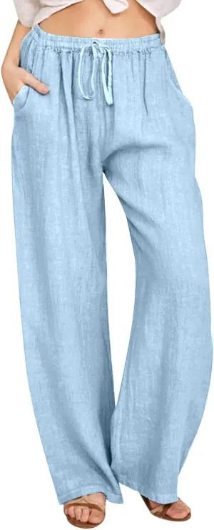 Womens Cotton Linen Pants 2025 Casual Pants High Waisted Wide Leg Trousers Summer Linen Pants Beach Pant with Pockets