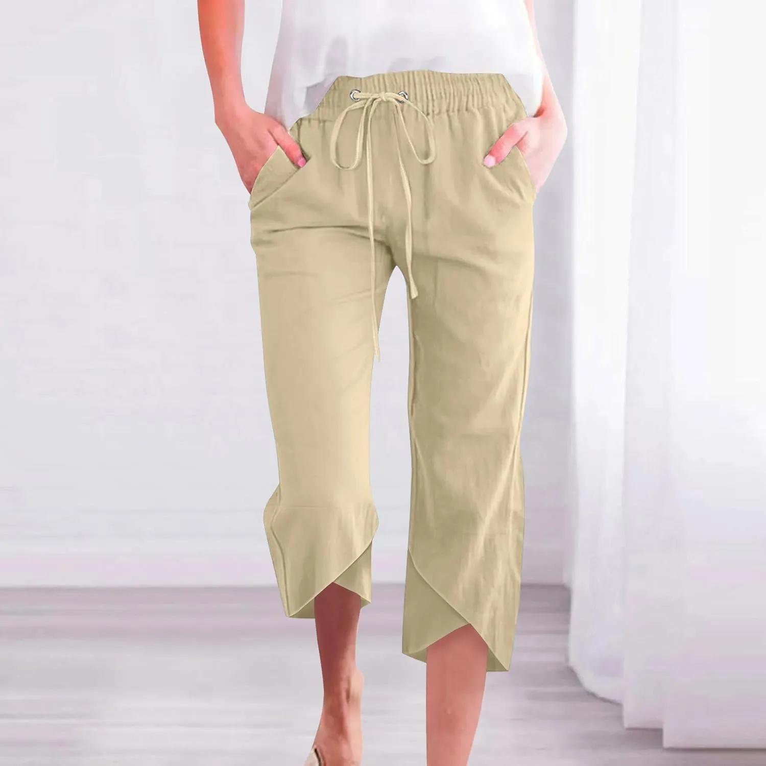 Womens Cotton Linen Pants Casual Summer Capris High Waisted Wide Leg Shorts Linen Cropped Pants Trousers with Pockets