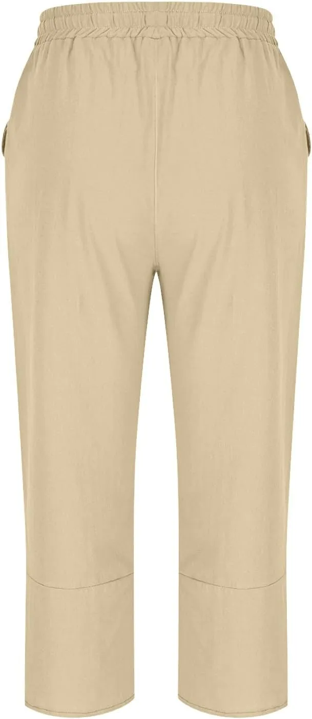 Womens Cotton Linen Pants Casual Summer Capris High Waisted Wide Leg Shorts Linen Cropped Pants Trousers with Pockets