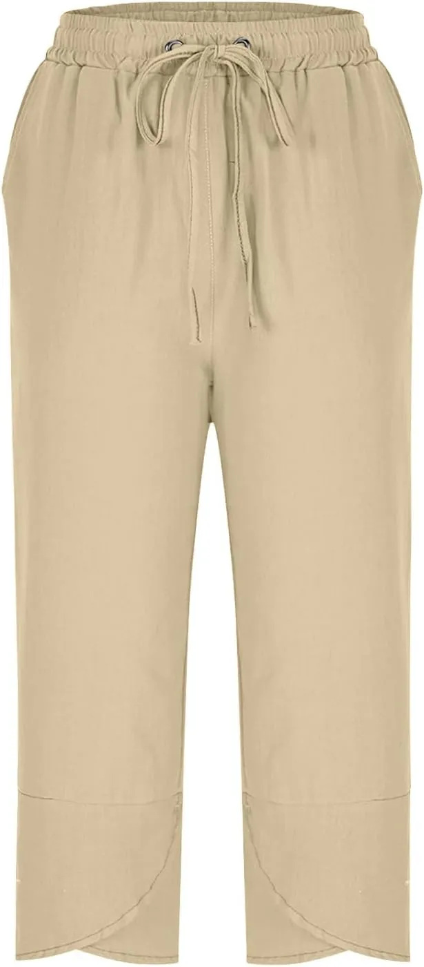 Womens Cotton Linen Pants Casual Summer Capris High Waisted Wide Leg Shorts Linen Cropped Pants Trousers with Pockets
