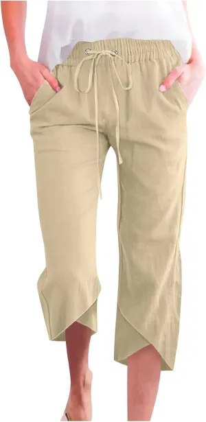 Womens Cotton Linen Pants Casual Summer Capris High Waisted Wide Leg Shorts Linen Cropped Pants Trousers with Pockets