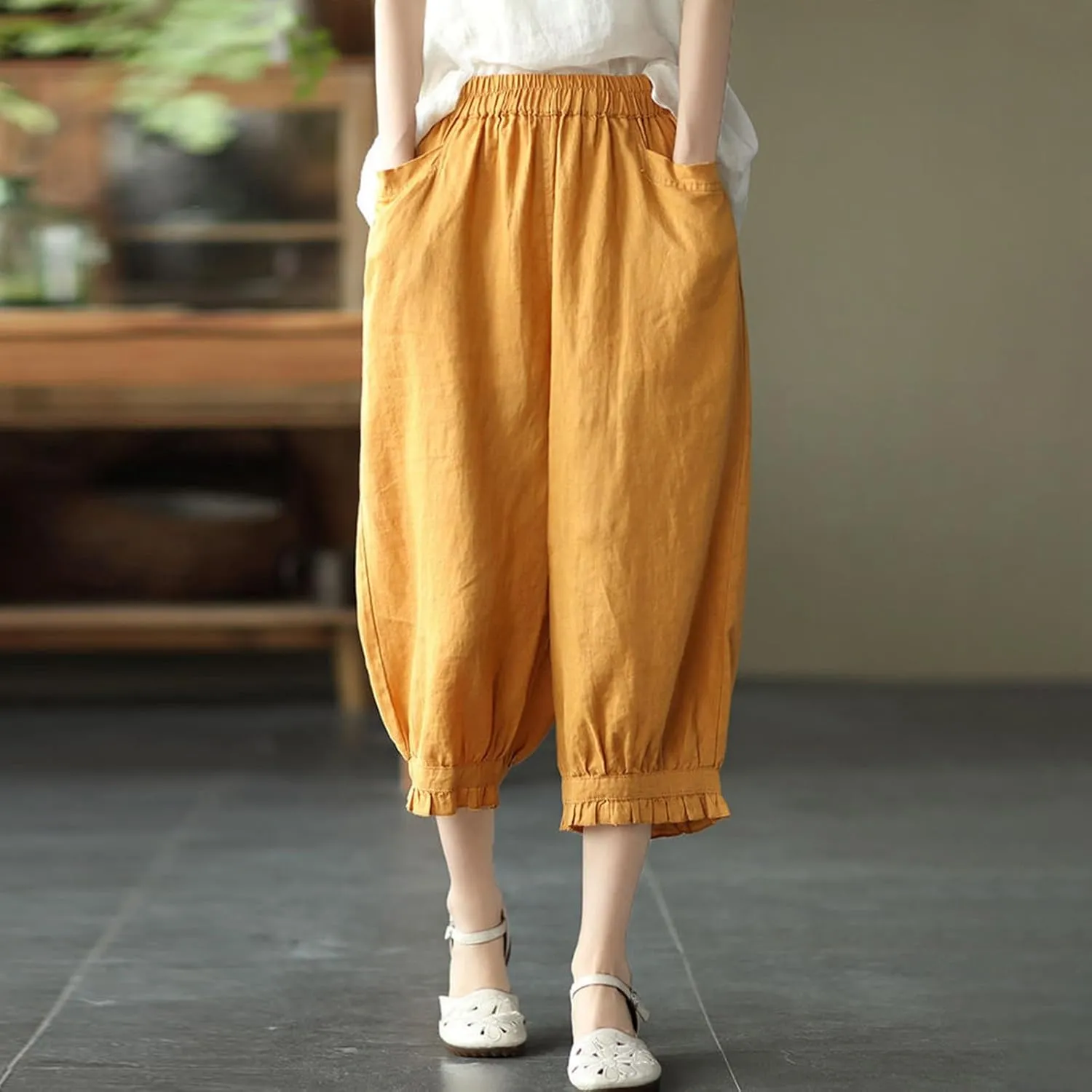 Women's Cotton Linen Pants High Waist Elastic Trousers Lightweight Loose Fit Ruffle Cropped Summer Pant 3/4 Trousers