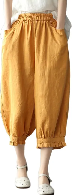 Women's Cotton Linen Pants High Waist Elastic Trousers Lightweight Loose Fit Ruffle Cropped Summer Pant 3/4 Trousers