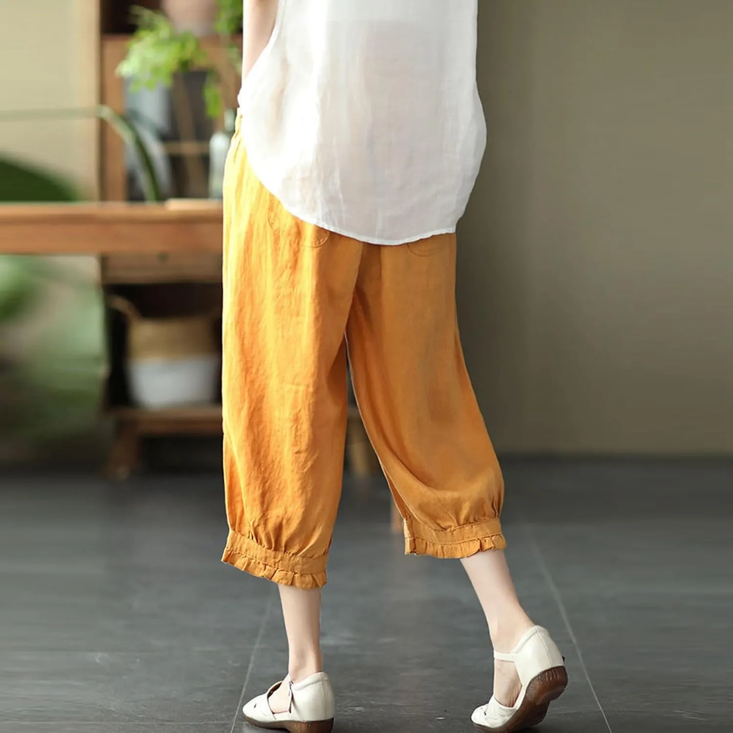 Women's Cotton Linen Pants High Waist Elastic Trousers Lightweight Loose Fit Ruffle Cropped Summer Pant 3/4 Trousers