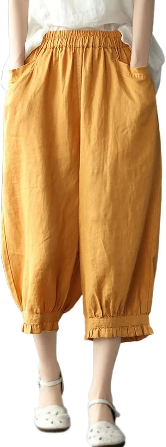 Women's Cotton Linen Pants High Waist Elastic Trousers Lightweight Loose Fit Ruffle Cropped Summer Pant 3/4 Trousers