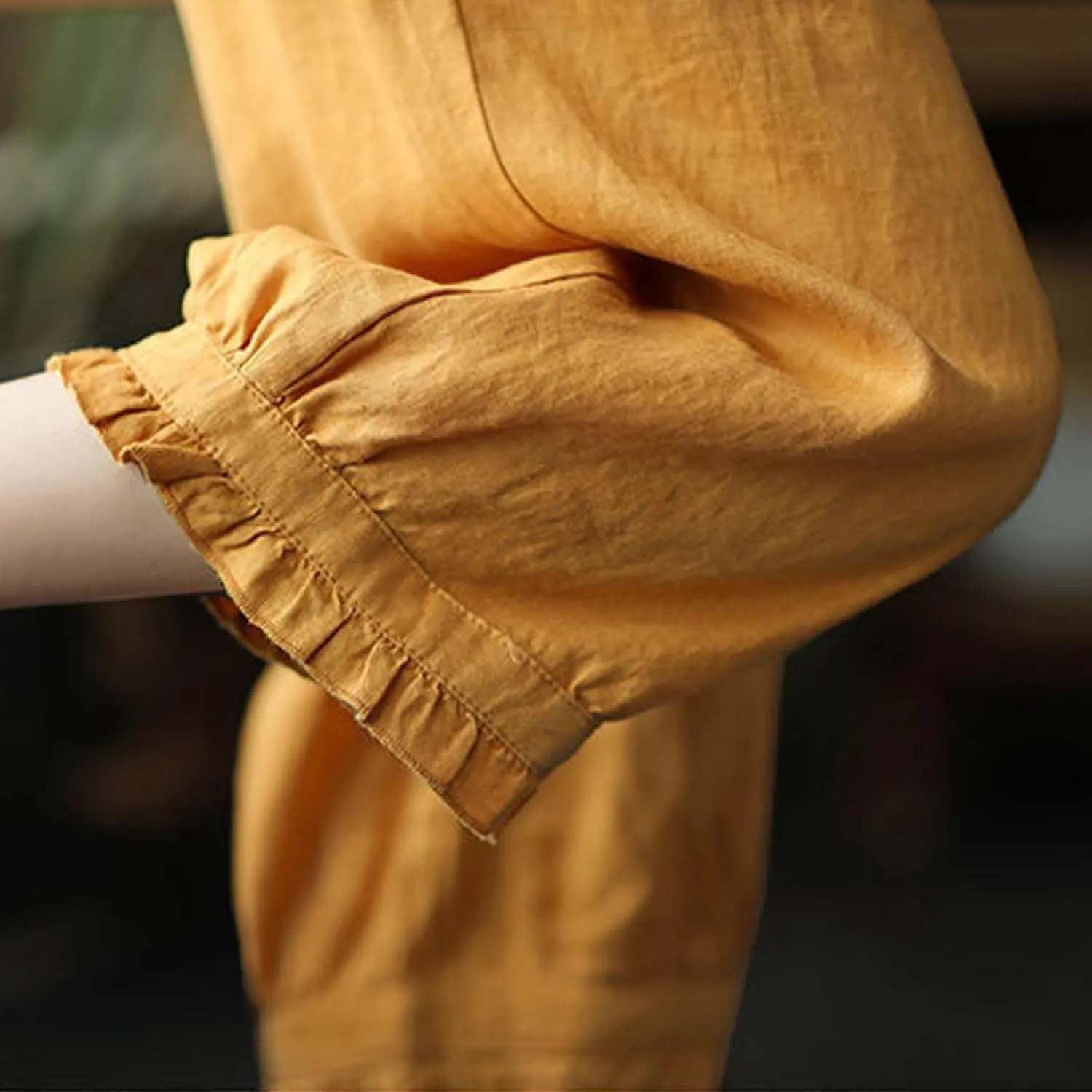 Women's Cotton Linen Pants High Waist Elastic Trousers Lightweight Loose Fit Ruffle Cropped Summer Pant 3/4 Trousers