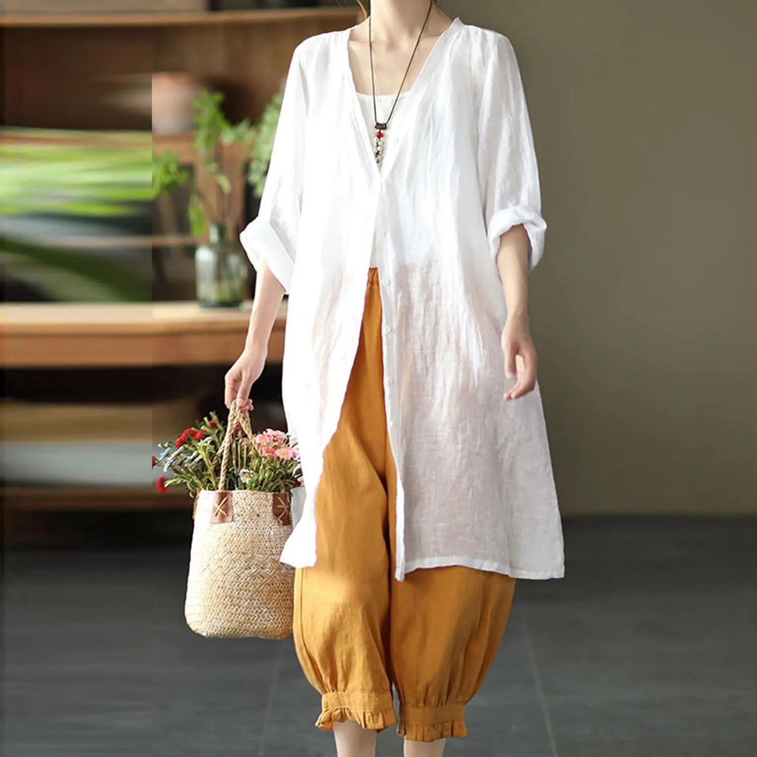 Women's Cotton Linen Pants High Waist Elastic Trousers Lightweight Loose Fit Ruffle Cropped Summer Pant 3/4 Trousers