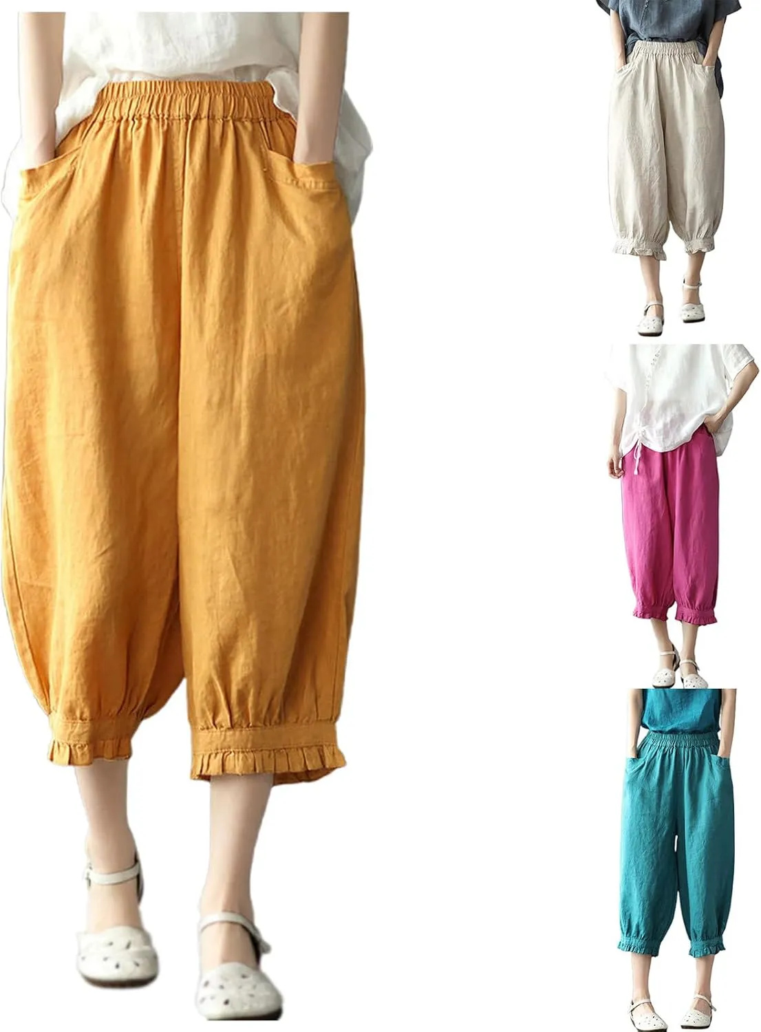 Women's Cotton Linen Pants High Waist Elastic Trousers Lightweight Loose Fit Ruffle Cropped Summer Pant 3/4 Trousers