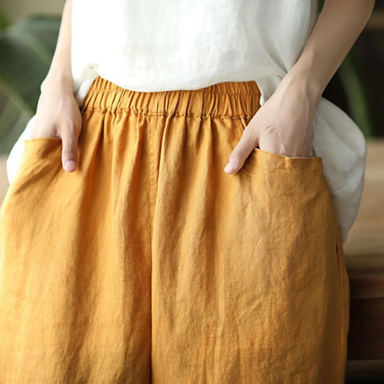 Women's Cotton Linen Pants High Waist Elastic Trousers Lightweight Loose Fit Ruffle Cropped Summer Pant 3/4 Trousers