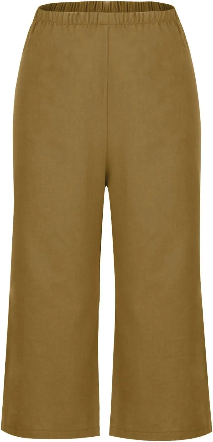Womens Cotton Linen Pants High Waist Wide Leg Pant Dressy Casual Summer Resort Wear 2024 Loose Lounge Capri Trousers
