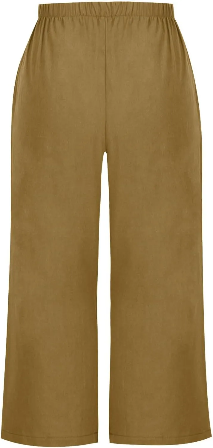Womens Cotton Linen Pants High Waist Wide Leg Pant Dressy Casual Summer Resort Wear 2024 Loose Lounge Capri Trousers