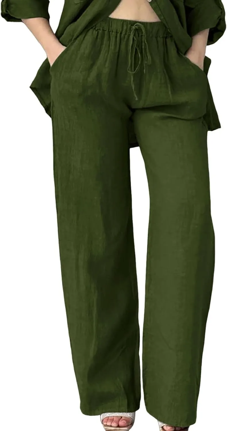 Womens Cotton Linen Pants Pants Casual Drawstring Elastic Trousers Comfy Straight Leg Long with Pockets Casual