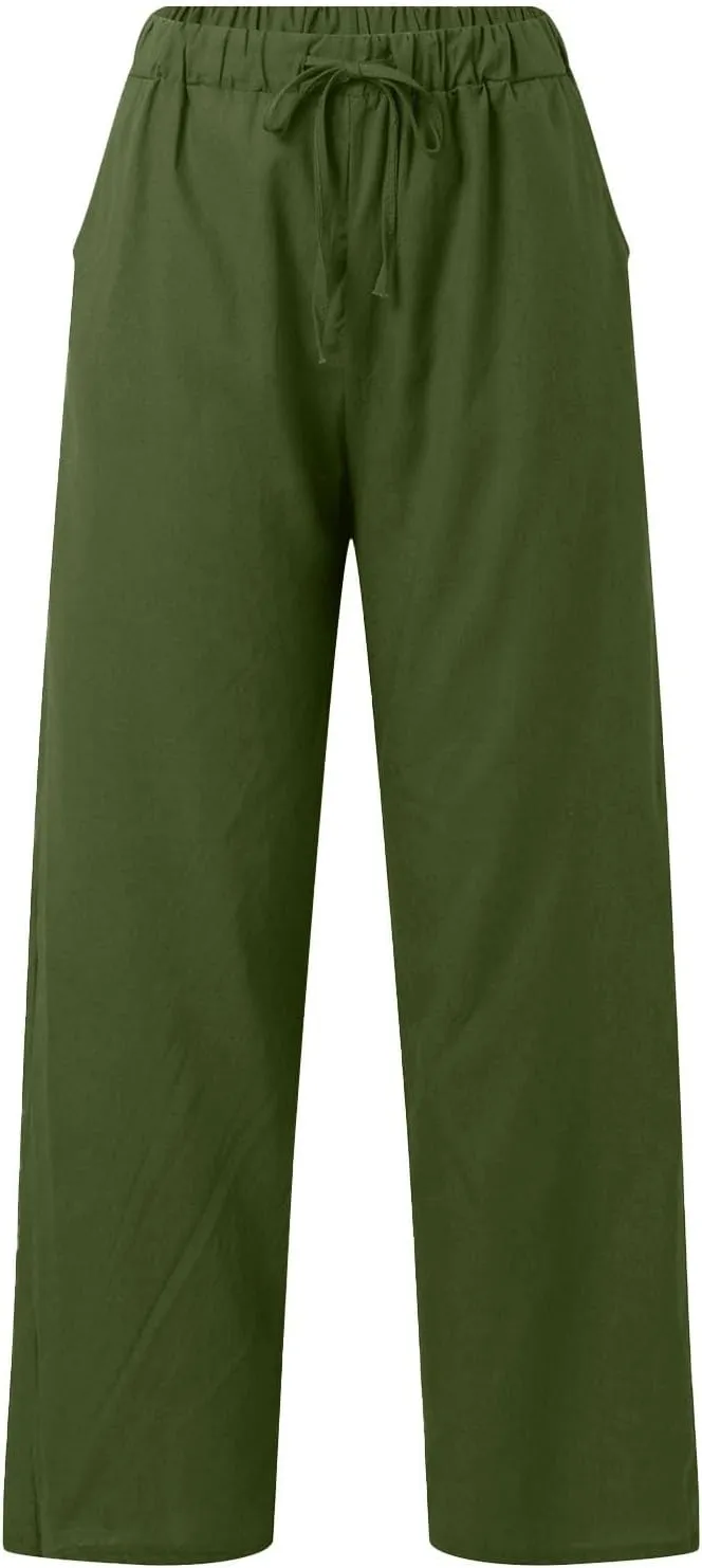 Womens Cotton Linen Pants Pants Casual Drawstring Elastic Trousers Comfy Straight Leg Long with Pockets Casual