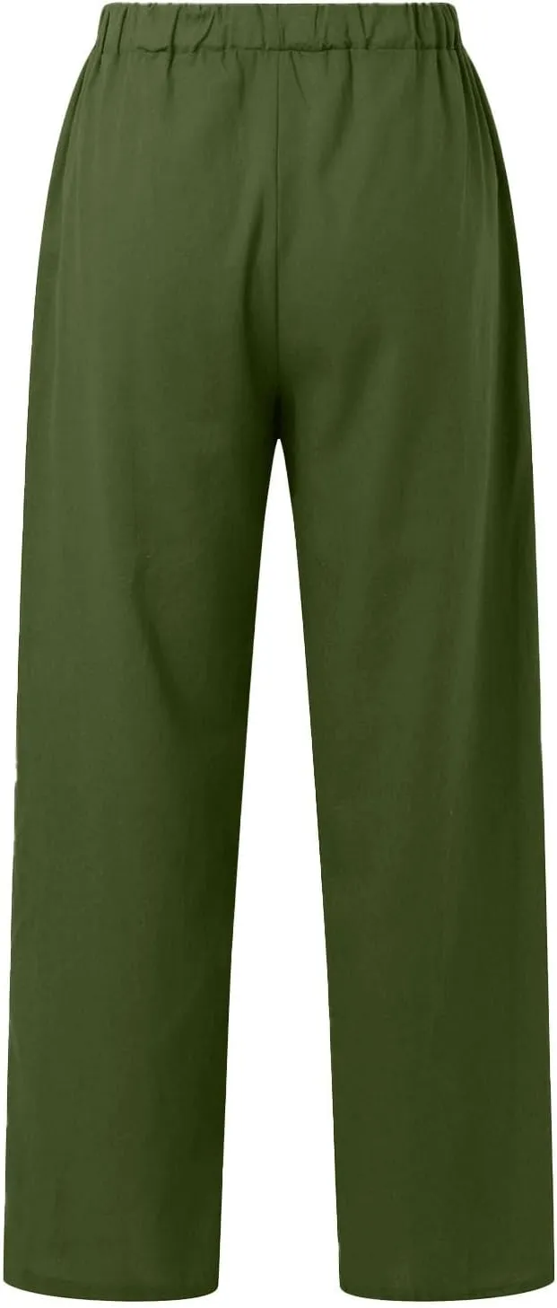 Womens Cotton Linen Pants Pants Casual Drawstring Elastic Trousers Comfy Straight Leg Long with Pockets Casual