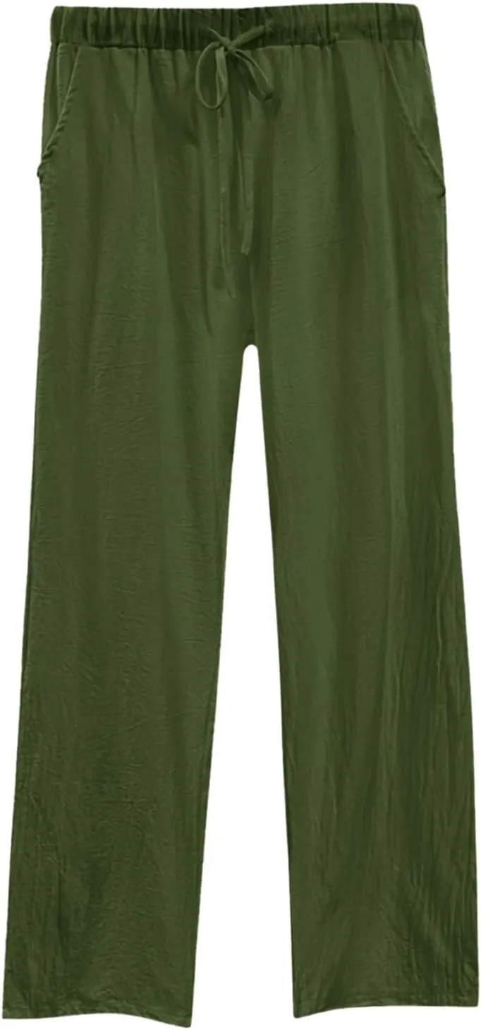 Womens Cotton Linen Pants Pants Casual Drawstring Elastic Trousers Comfy Straight Leg Long with Pockets Casual
