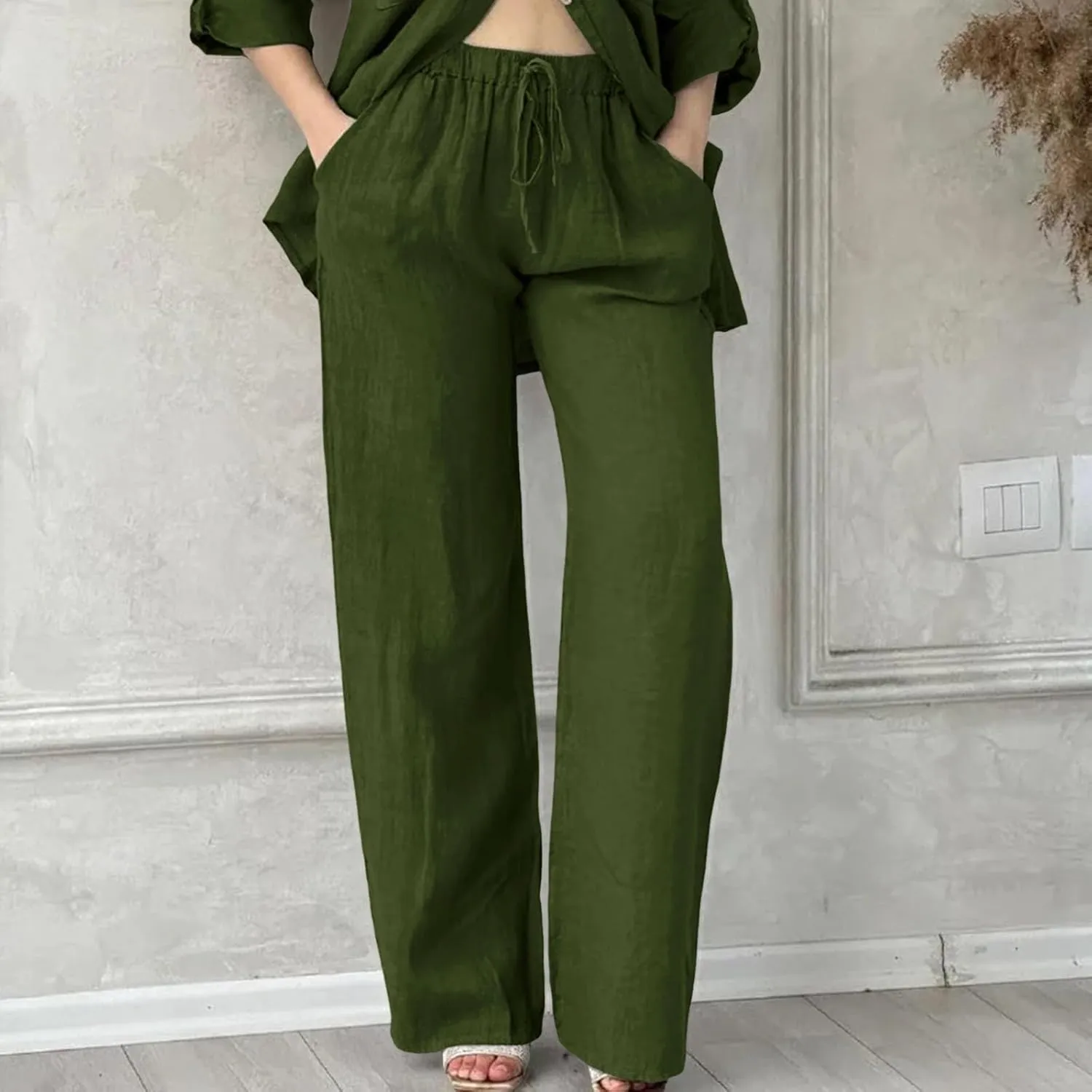 Womens Cotton Linen Pants Pants Casual Drawstring Elastic Trousers Comfy Straight Leg Long with Pockets Casual