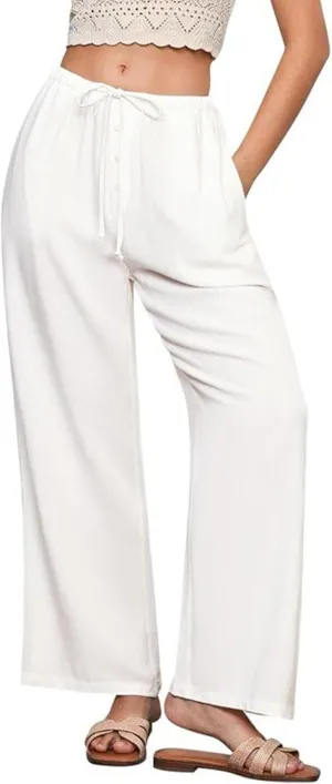 Womens Cotton Linen Pants Summer Casual Beach Flowy Pants Drawstring Wide Leg Palazzo Trousers with Pockets