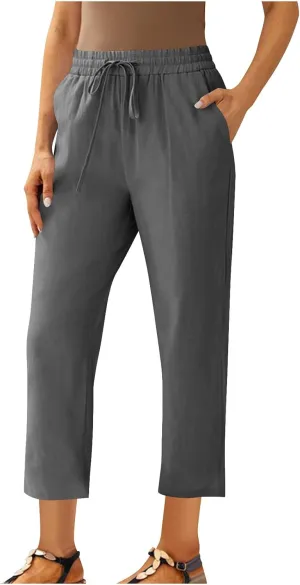 Women's Cotton Linen Pants Summer Straight Leg High Waisted Capri Pants Casual Drawstring Beach Trousers with Pockets