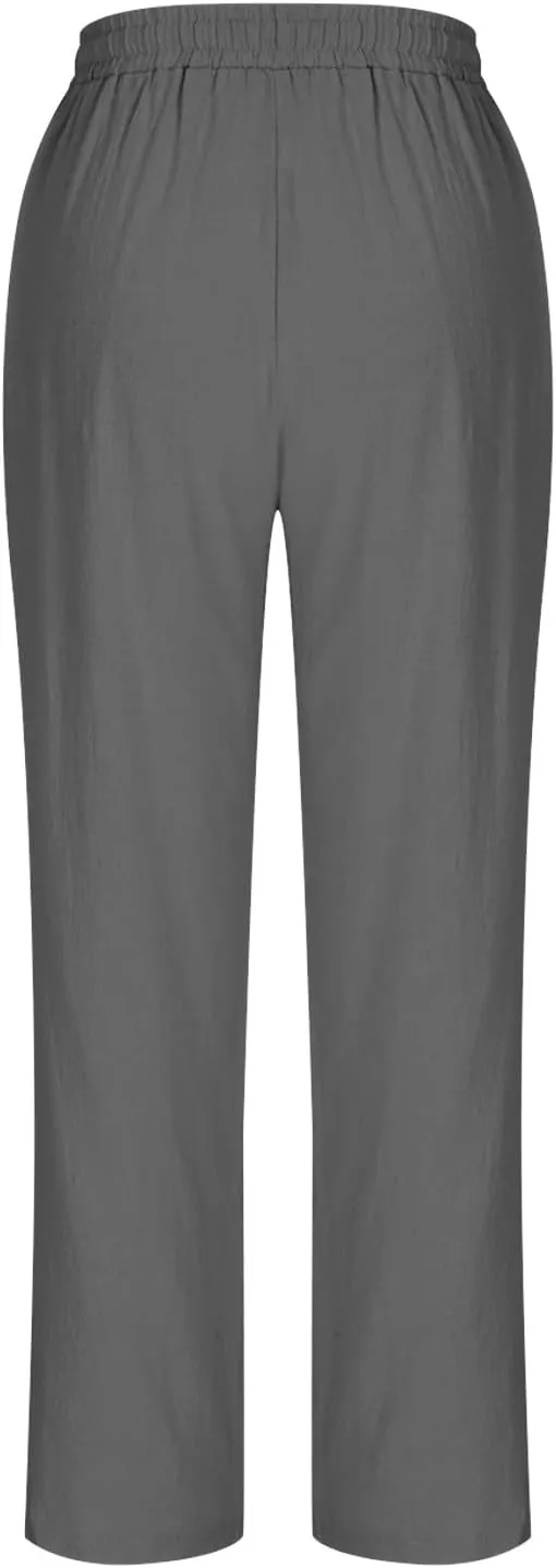 Women's Cotton Linen Pants Summer Straight Leg High Waisted Capri Pants Casual Drawstring Beach Trousers with Pockets