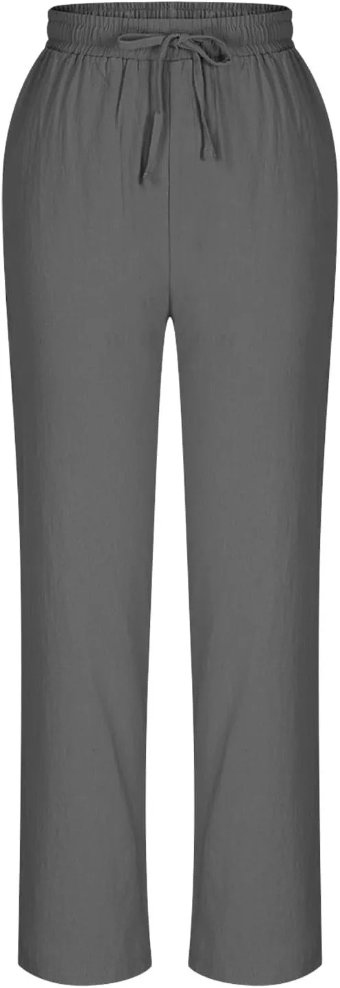 Women's Cotton Linen Pants Summer Straight Leg High Waisted Capri Pants Casual Drawstring Beach Trousers with Pockets