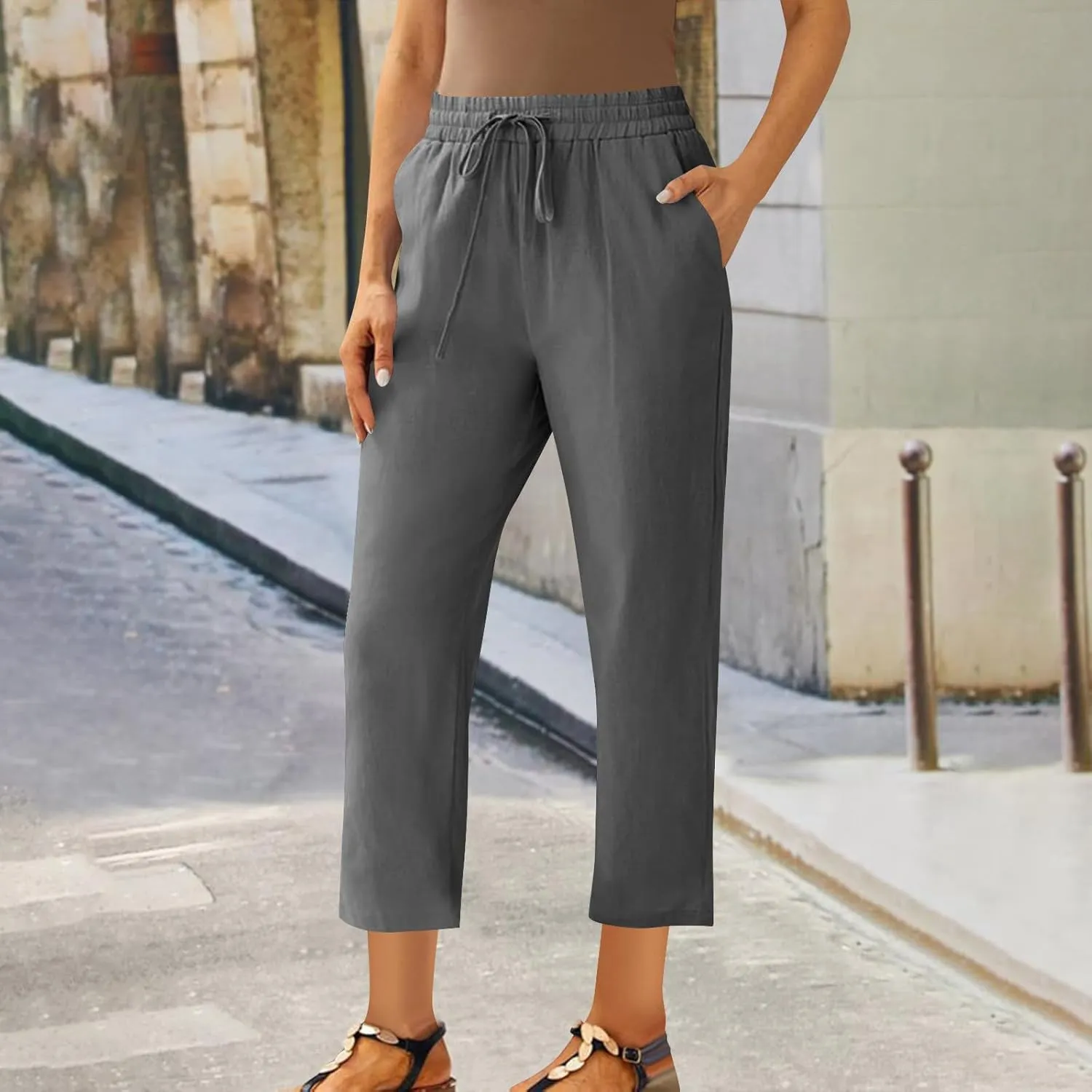 Women's Cotton Linen Pants Summer Straight Leg High Waisted Capri Pants Casual Drawstring Beach Trousers with Pockets