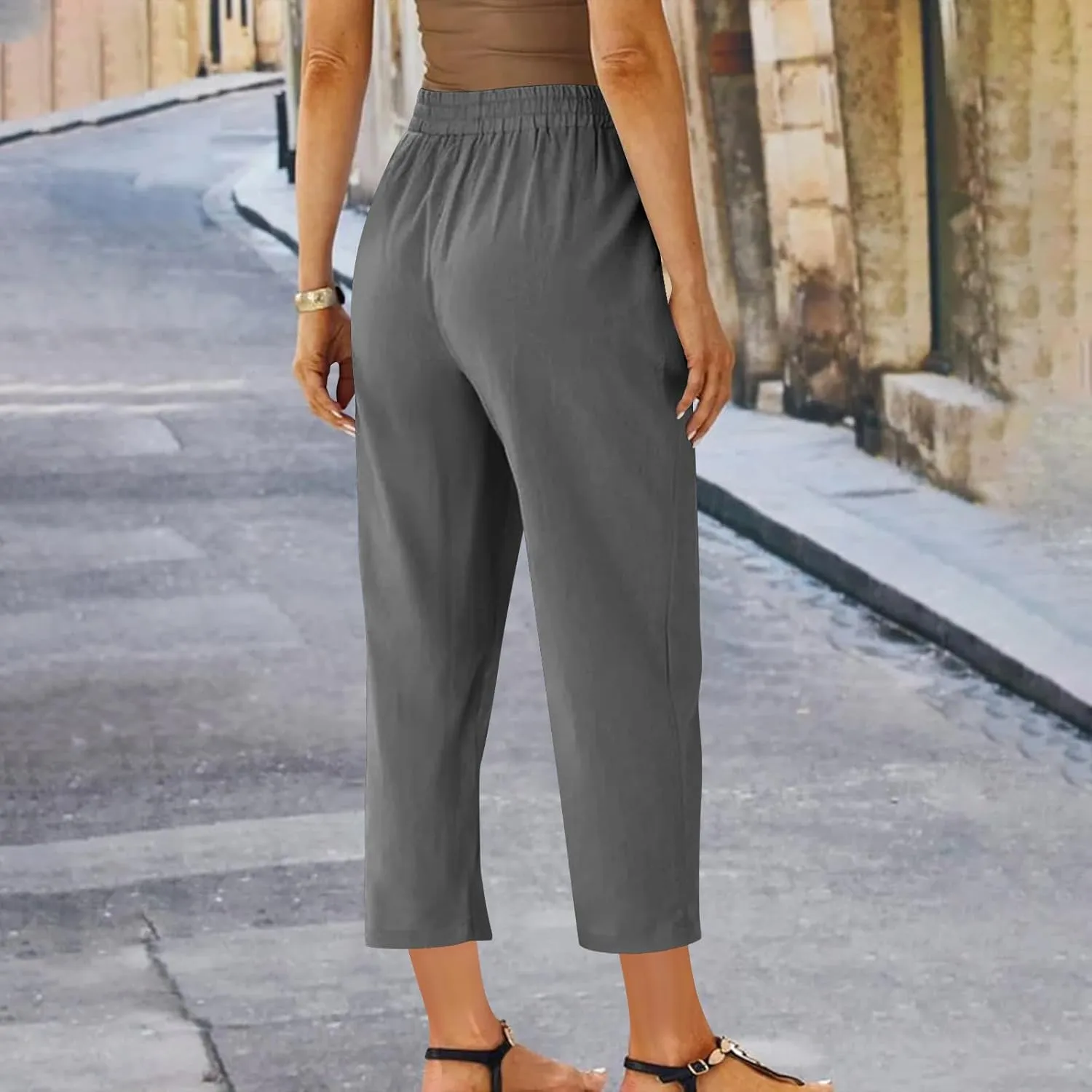 Women's Cotton Linen Pants Summer Straight Leg High Waisted Capri Pants Casual Drawstring Beach Trousers with Pockets