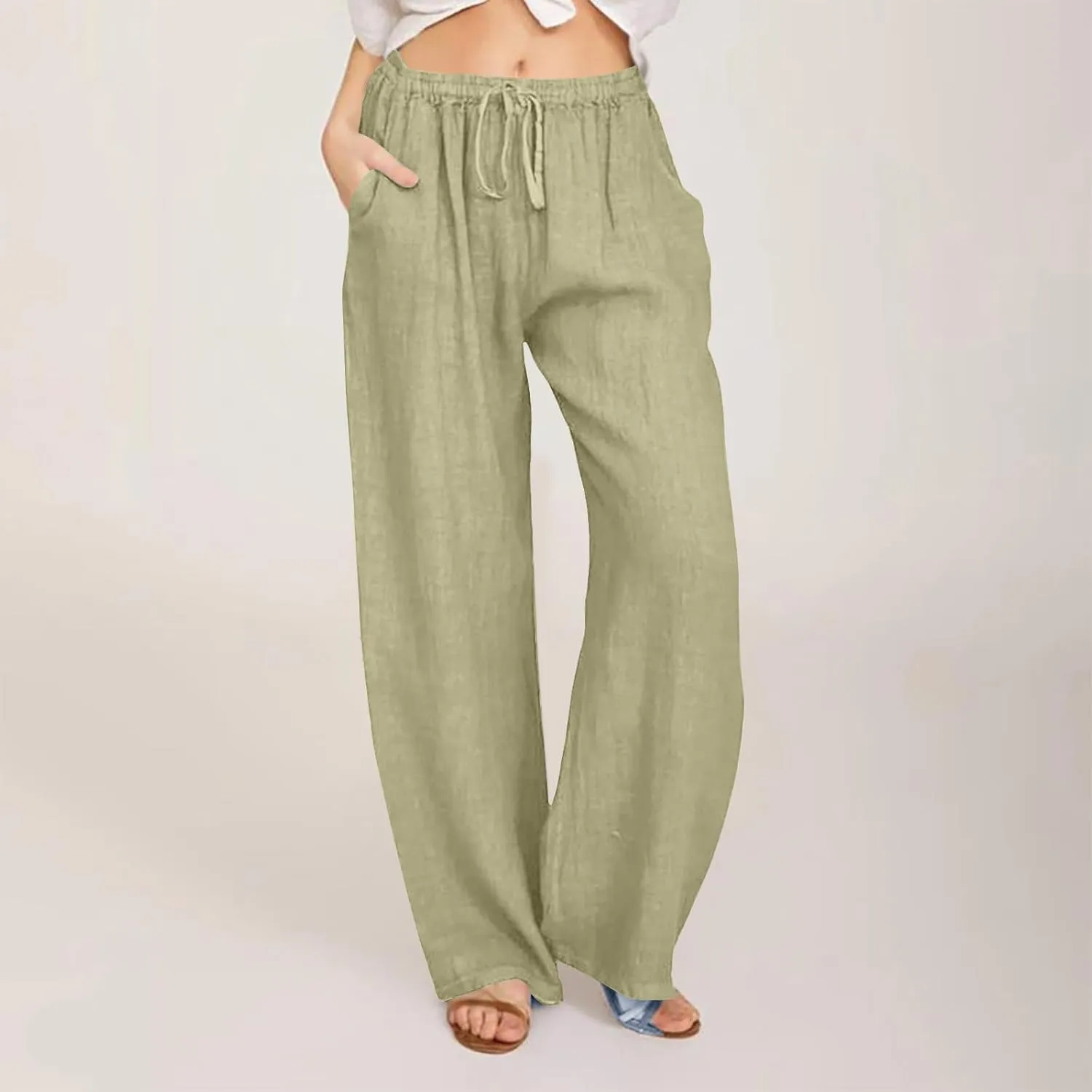 Women's Cotton Linen Pants Summer Wide Leg Pants High Waist Palazzo Pants Casual Loose Flowy Beach Trousers