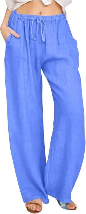 Women's Cotton Linen Pants Summer Wide Leg Pants High Waist Palazzo Pants Casual Loose Flowy Beach Trousers