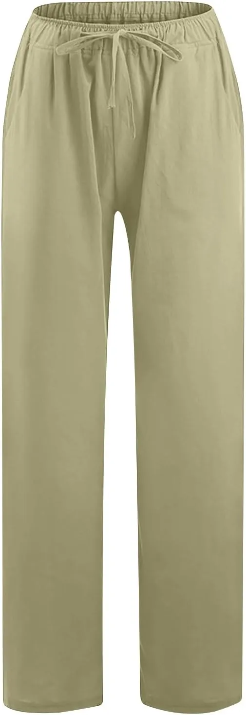 Women's Cotton Linen Pants Summer Wide Leg Pants High Waist Palazzo Pants Casual Loose Flowy Beach Trousers