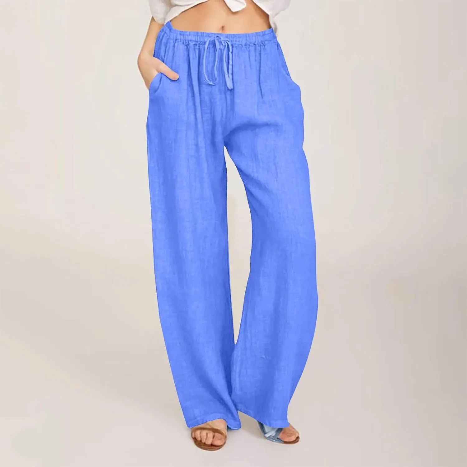 Women's Cotton Linen Pants Summer Wide Leg Pants High Waist Palazzo Pants Casual Loose Flowy Beach Trousers