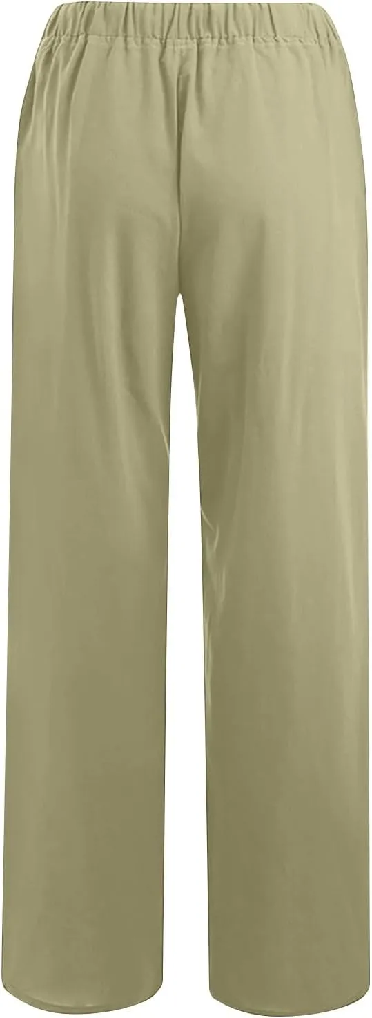 Women's Cotton Linen Pants Summer Wide Leg Pants High Waist Palazzo Pants Casual Loose Flowy Beach Trousers