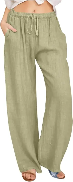 Women's Cotton Linen Pants Summer Wide Leg Pants High Waist Palazzo Pants Casual Loose Flowy Beach Trousers