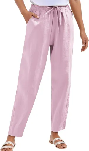 Women's Cotton Linen Straight Leg Pants Lightweight Elastic Waist Drawstring Casual Trousers with Pockets Summer
