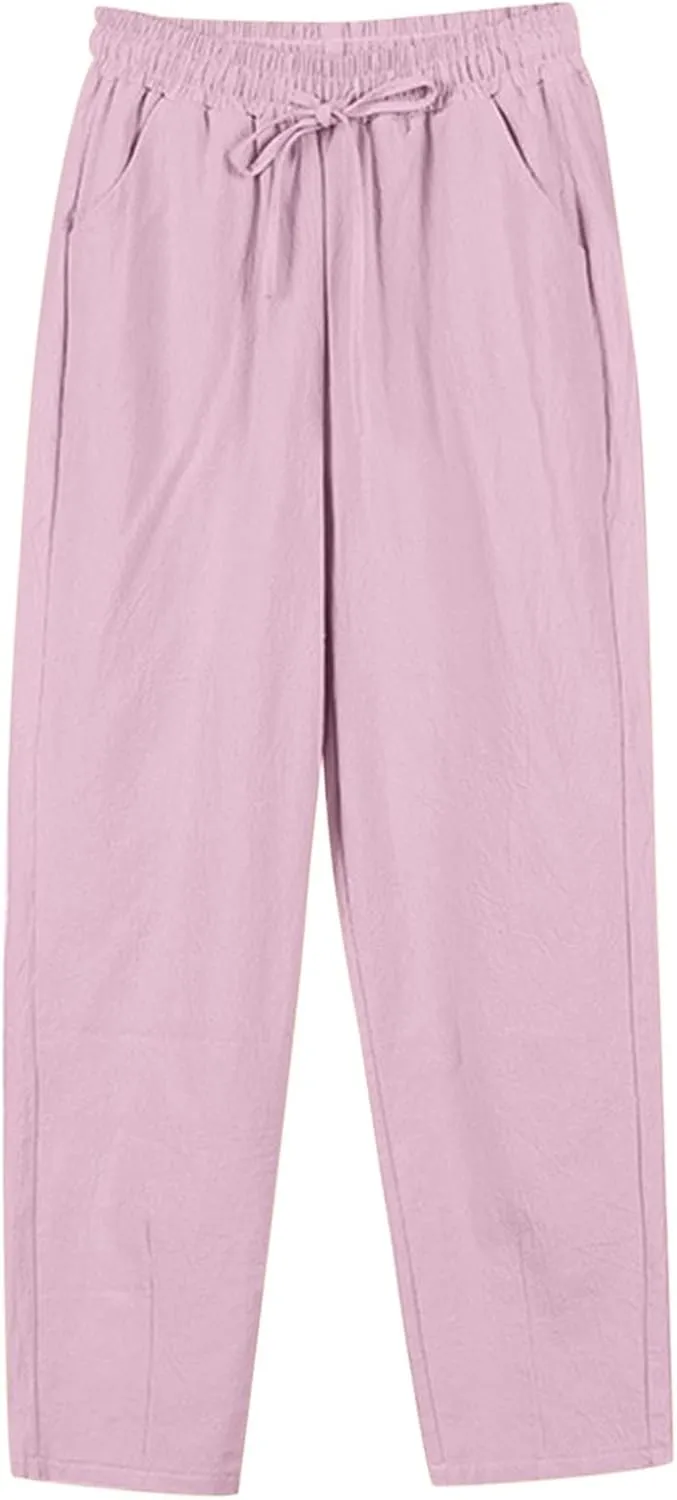 Women's Cotton Linen Straight Leg Pants Lightweight Elastic Waist Drawstring Casual Trousers with Pockets Summer