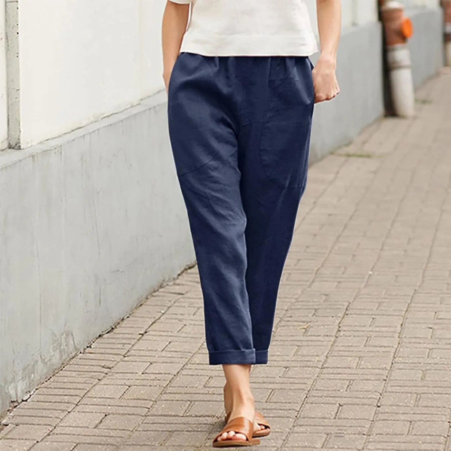 Women's Cotton Linen Summer Drawstring Pants Low Waist Bootcut Slim-Fit Pants Travel