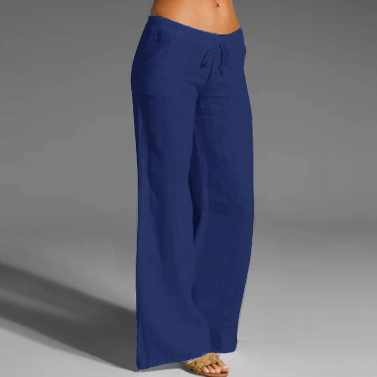 Women's Cotton Linen Summer Floral Palazzo Lounge Pants Elastic Waisted Ankle Length Slim-Fit Trousers Travel
