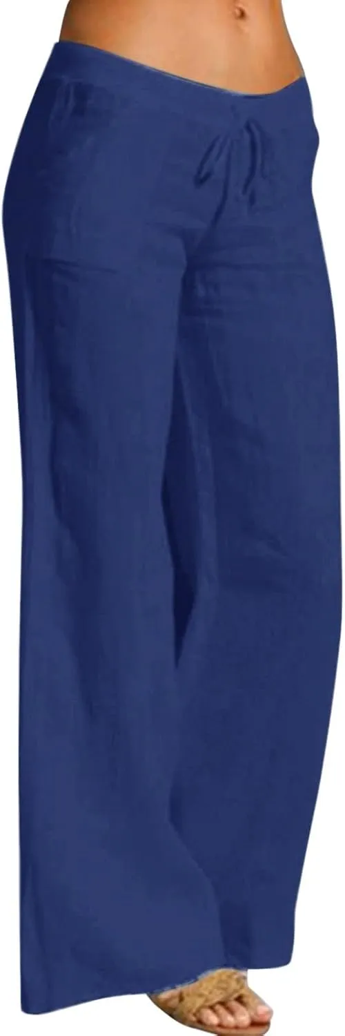 Women's Cotton Linen Summer Floral Palazzo Lounge Pants Elastic Waisted Ankle Length Slim-Fit Trousers Travel