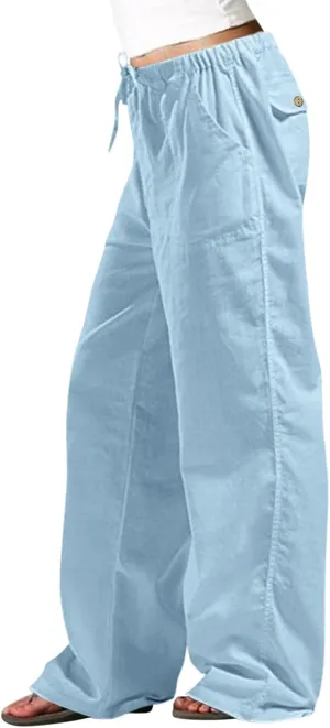 Womens Cotton Linen Summer Letter Patched Palazzo Pants Low Waist Lounge Pants Loose Fit Palazzo Lounge Pants