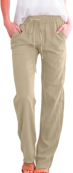 Women's Cotton Linen Summer Loose Flowy Pants Elastic Waisted Wide Leg Plus Size Trouser Business Work