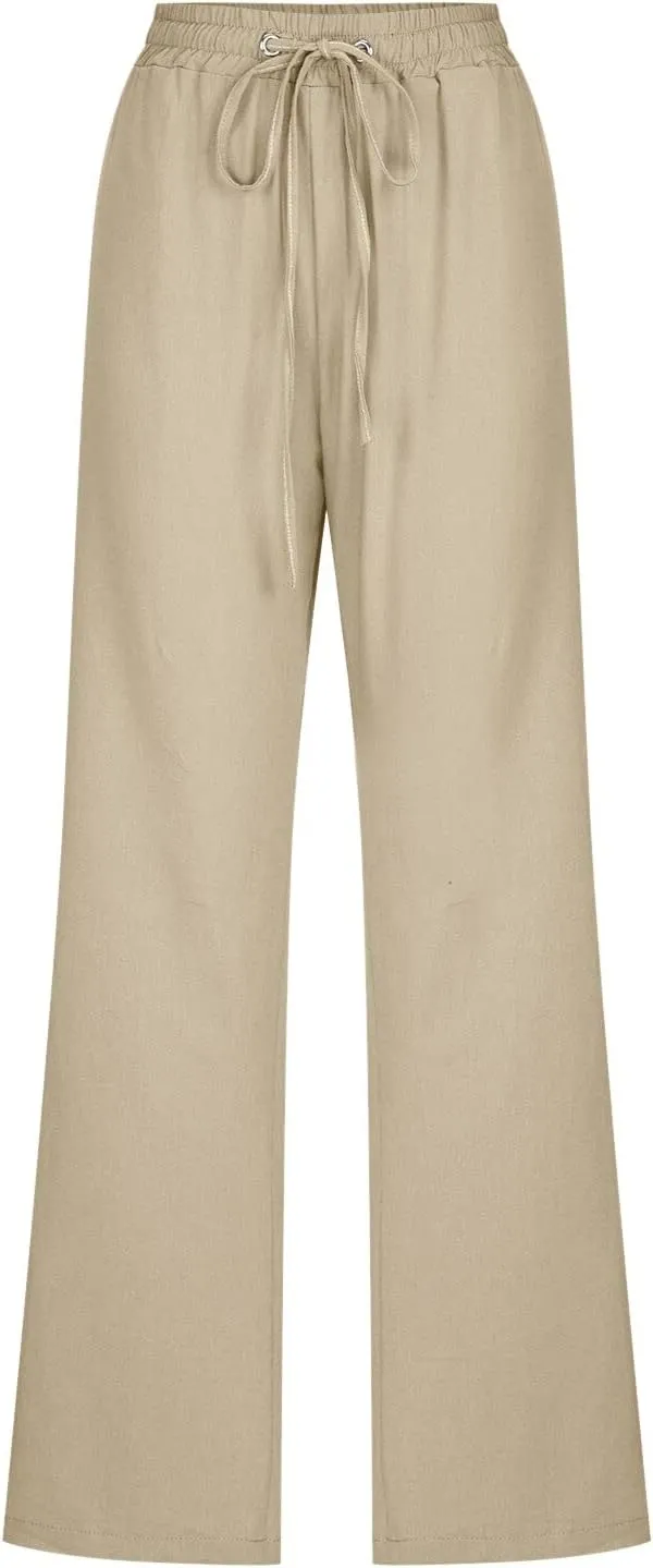 Women's Cotton Linen Summer Loose Flowy Pants Elastic Waisted Wide Leg Plus Size Trouser Business Work