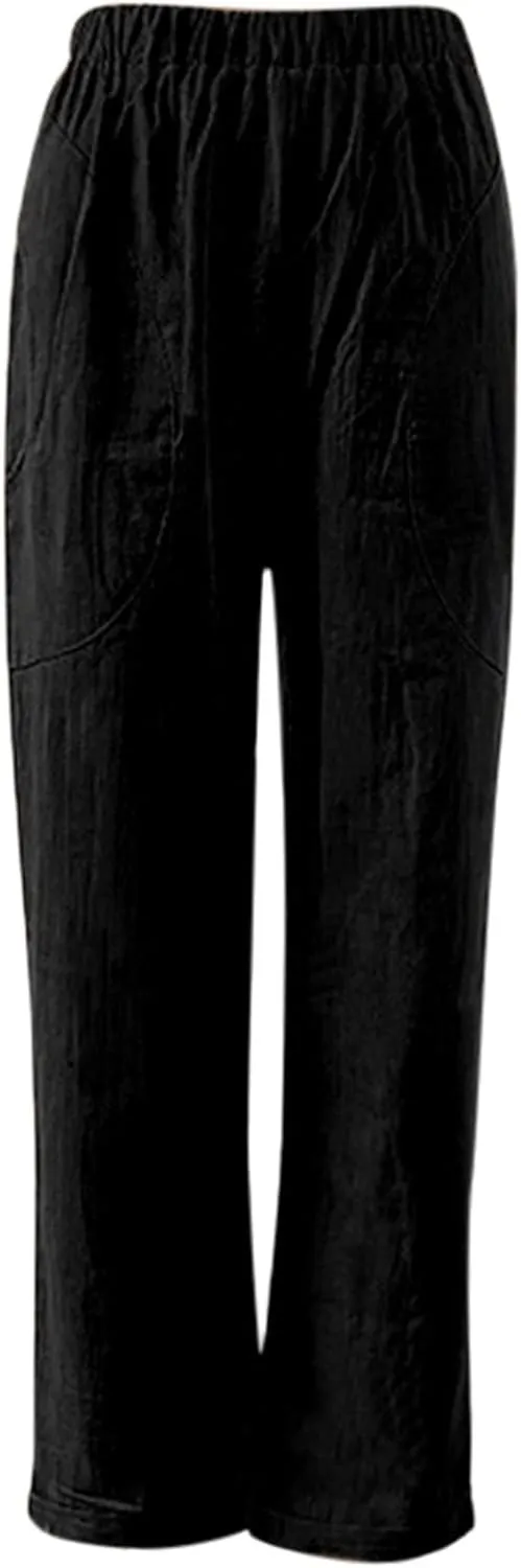 Women's Cotton Linen Summer Palazzo Palazzo Pants Elastic Waisted Bootcut Slim Fit Pants Business Work