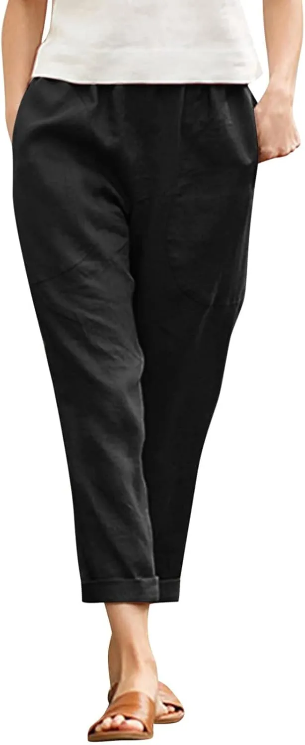 Women's Cotton Linen Summer Palazzo Palazzo Pants Elastic Waisted Bootcut Slim Fit Pants Business Work