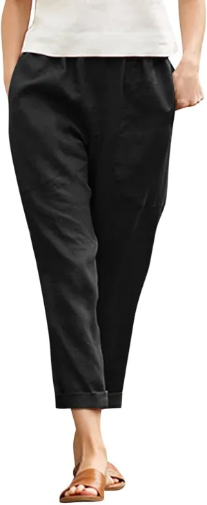 Women's Cotton Linen Summer Palazzo Palazzo Pants Elastic Waisted Bootcut Slim Fit Pants Business Work