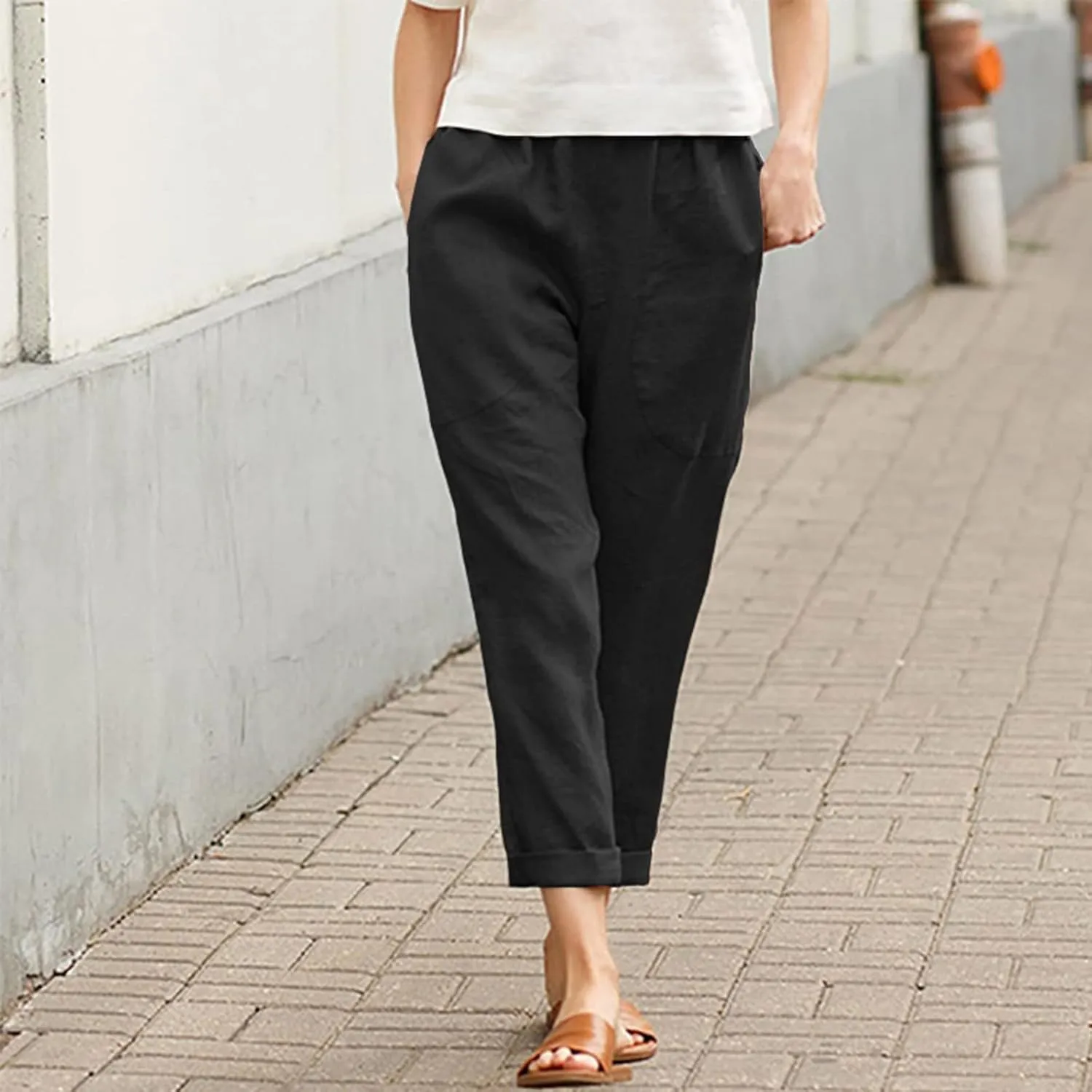 Women's Cotton Linen Summer Palazzo Palazzo Pants Elastic Waisted Bootcut Slim Fit Pants Business Work