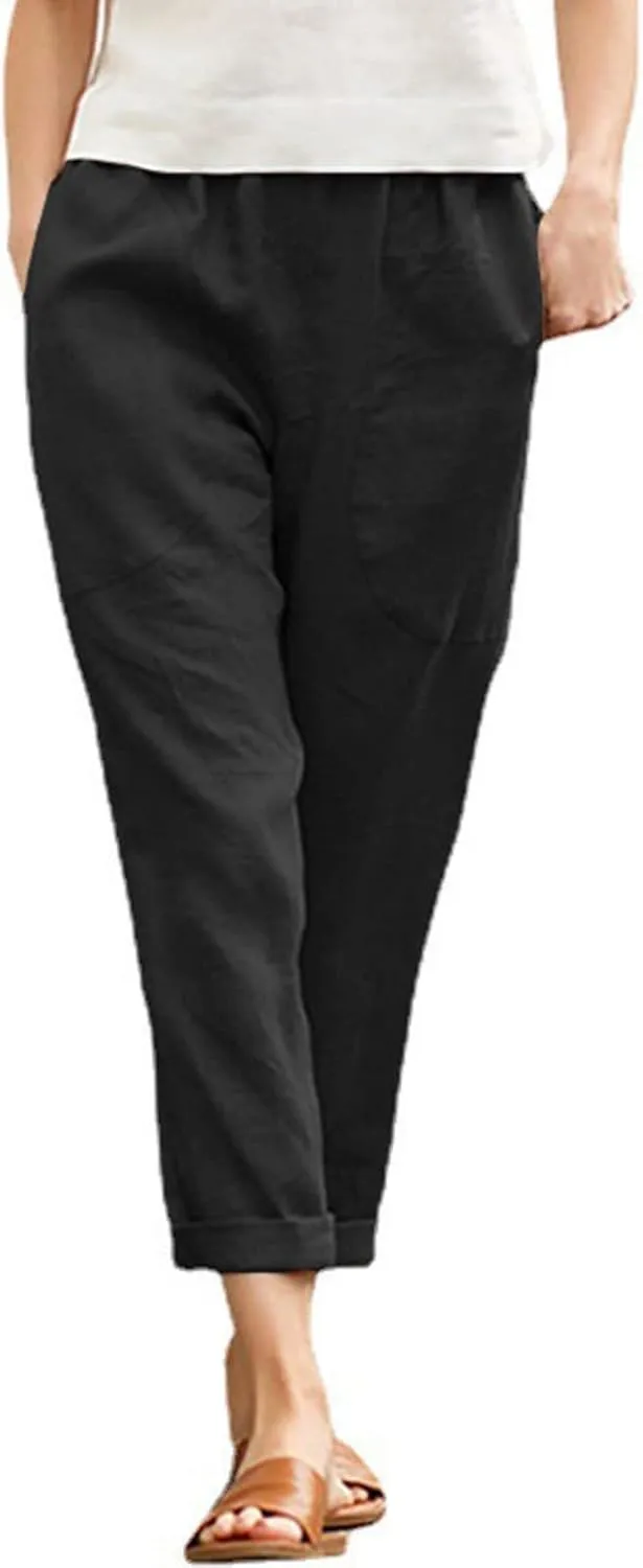 Women's Cotton Linen Summer Palazzo Palazzo Pants Elastic Waisted Bootcut Slim Fit Pants Business Work