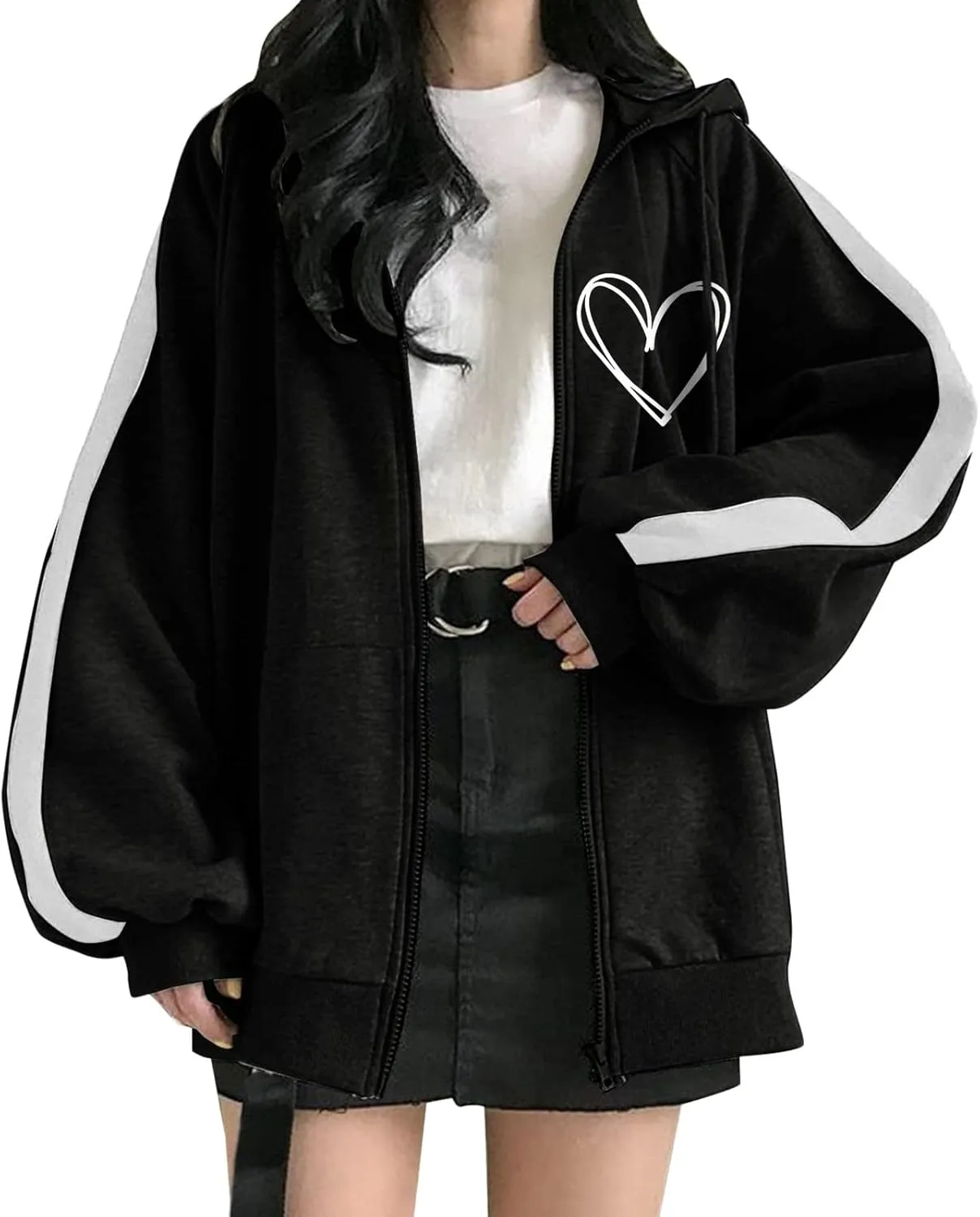 Womens Crewneck Sweatshirt Trendy Zip Up Hoodies Women Oversized Heart Graphic Long Sleeve Drawstring Pocket Jacket Casual Fashion Sweatshirts Black X-Large