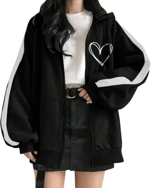 Womens Crewneck Sweatshirt Trendy Zip Up Hoodies Women Oversized Heart Graphic Long Sleeve Drawstring Pocket Jacket Casual Fashion Sweatshirts Black X-Large
