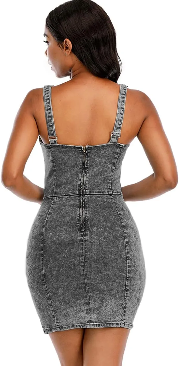 Women's Denim Dress Sexy V Neck Bodycon Sleeveless Jeans Short Dresses