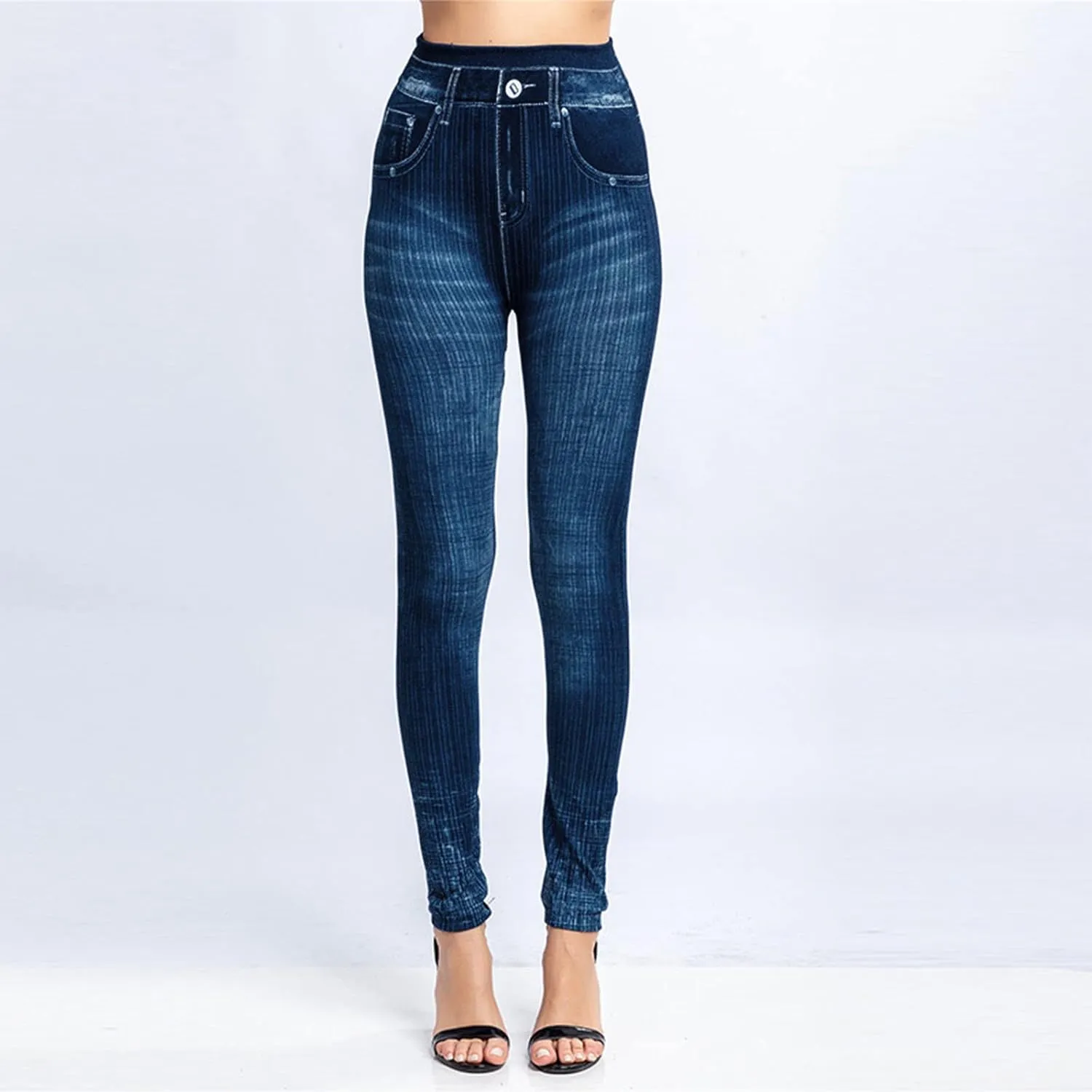 Women's Denim Print Fake Jeans Seamless Leggings, Full Length X-Small - 3X-Large